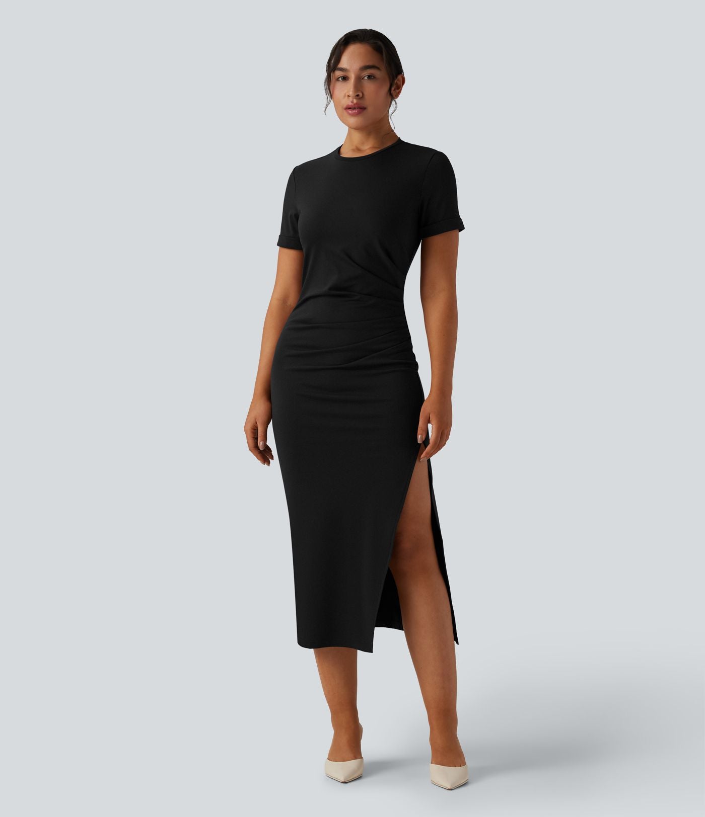 Robe midi décontractée col rond manches courtes