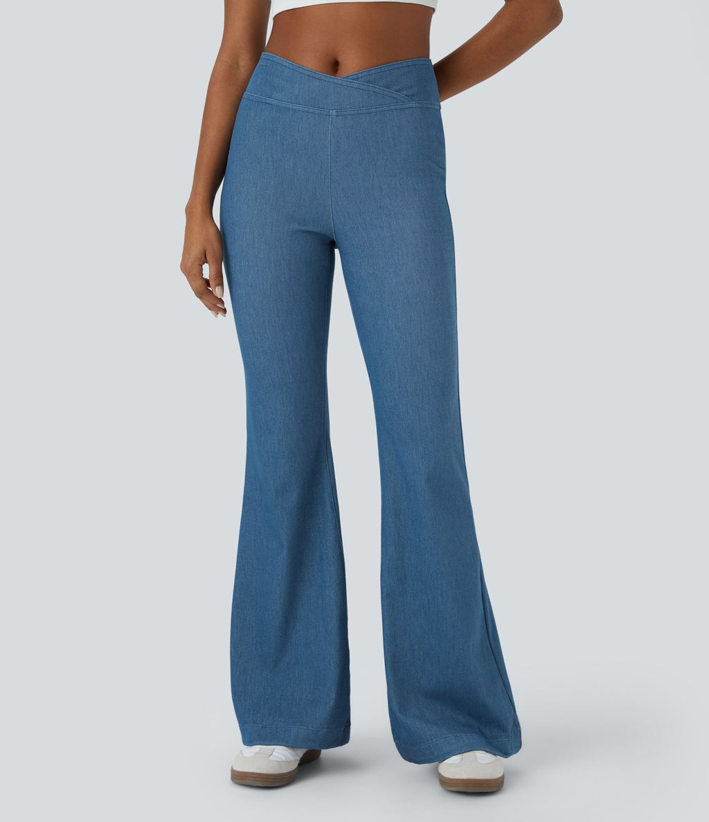 Halara Flex™ Jean Évasé Casual en Tricot Stretch Taille Haute avec Dos Croisé et Poches