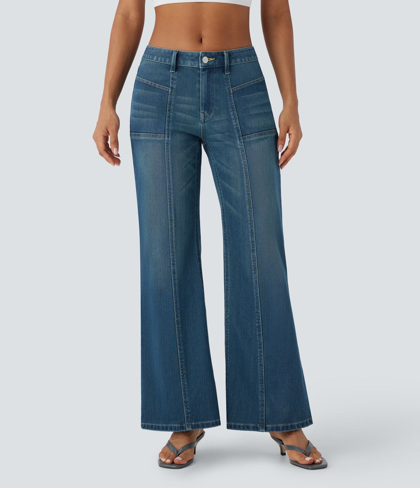 Jean bootcut délavé Halara Flex™ taille basse à poches multiples et fermeture zippée