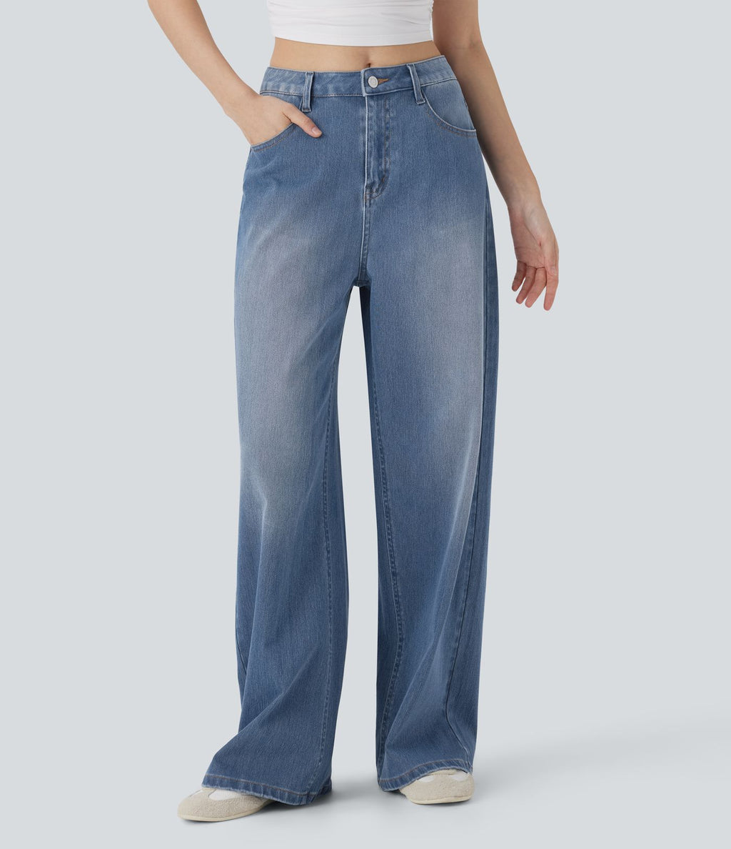 Jean palazzo ample taille mi-haute Halara Flex™ effet délavé avec poches