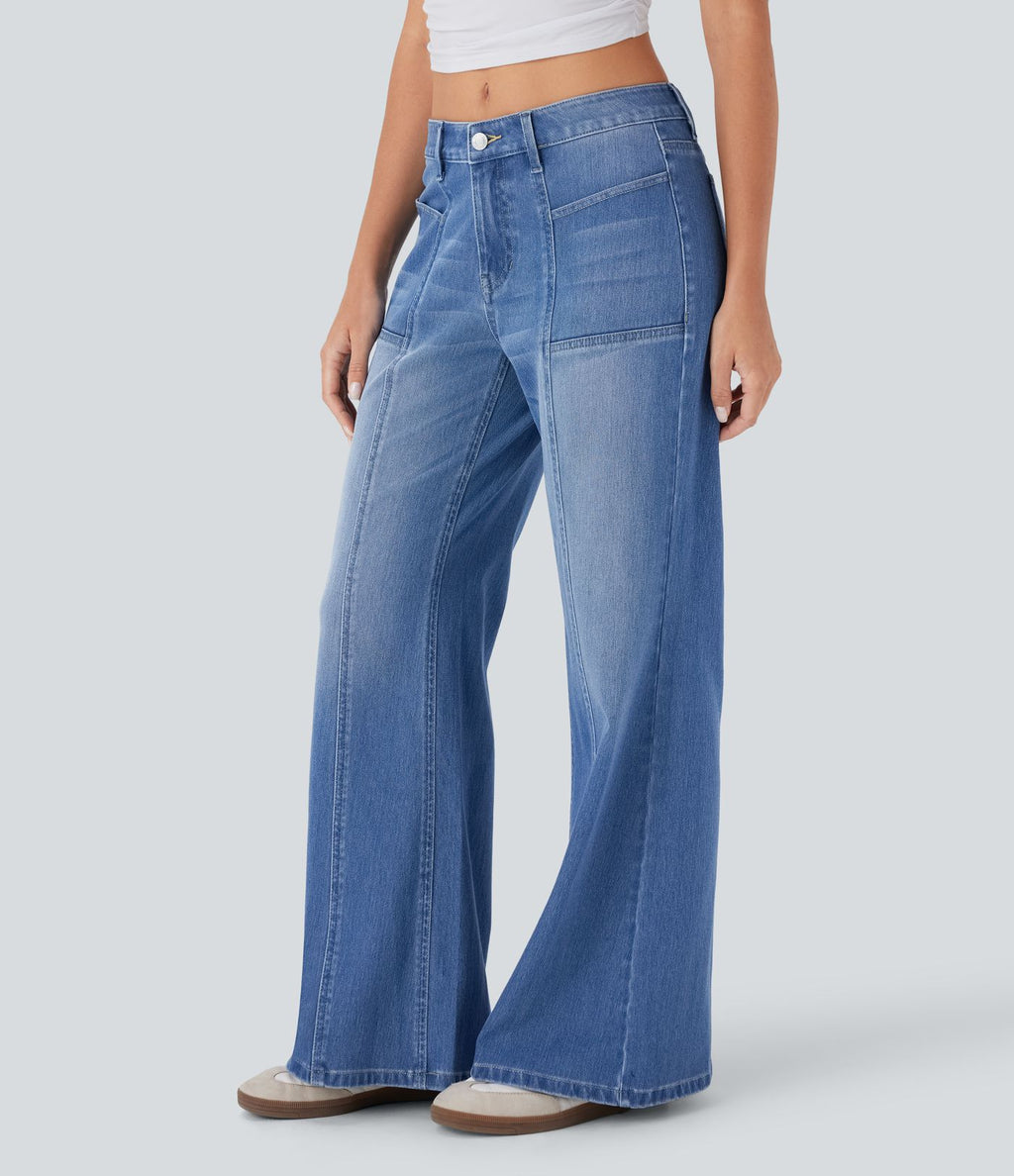 Jean bootcut délavé Halara Flex™ taille basse à poches multiples et fermeture zippée
