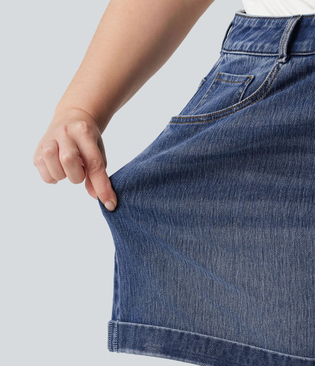 Short jean grande taille Halara Flex™ Denim casual taille mi-haute, ourlets retroussés, avec poches, 12,7 cm