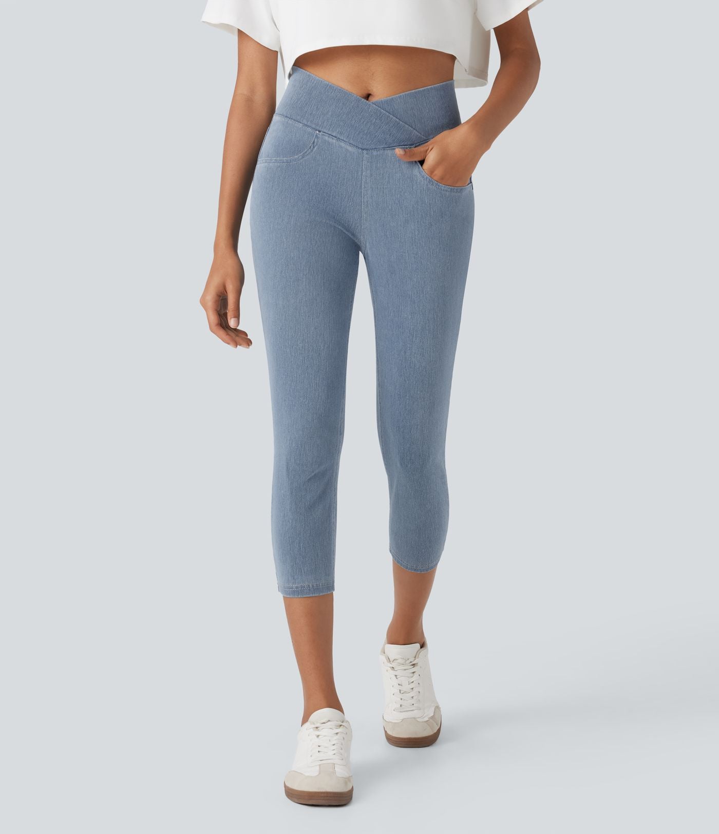 Legging capri décontracté Halara Flex™ croisé taille haute en maille denim extensible avec poches
