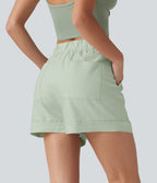 Short ample décontracté taille haute en coton et lin, cordon de serrage, ourlet retroussé et poches
