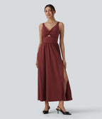 Robe de soirée mi-longue SoftlyZero™ Airy col V sans manches torsadée avec fente, coques fixes et effet frais InstantCool avec poches