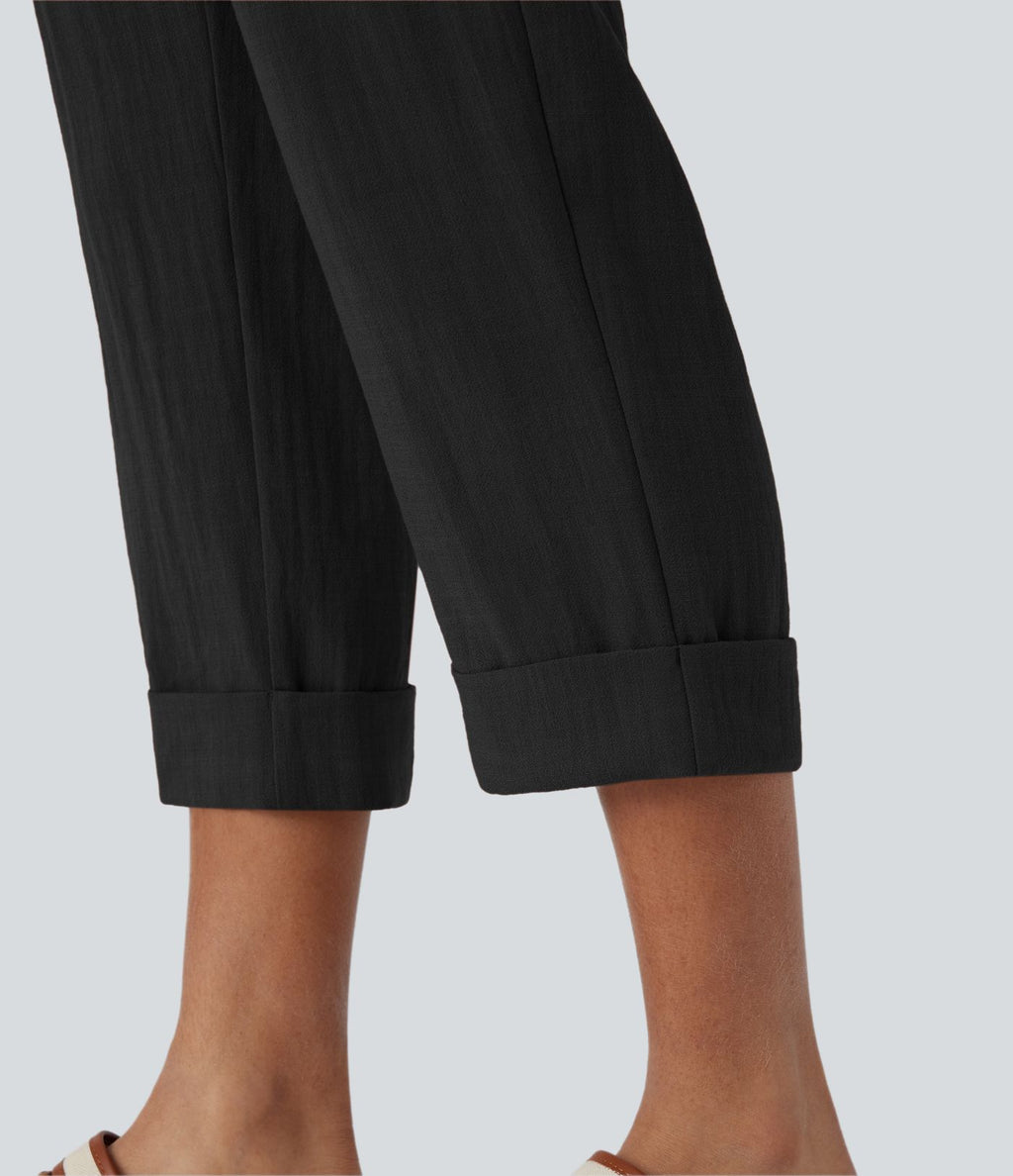 Pantalon capri effet lin taille haute avec poches zippées
