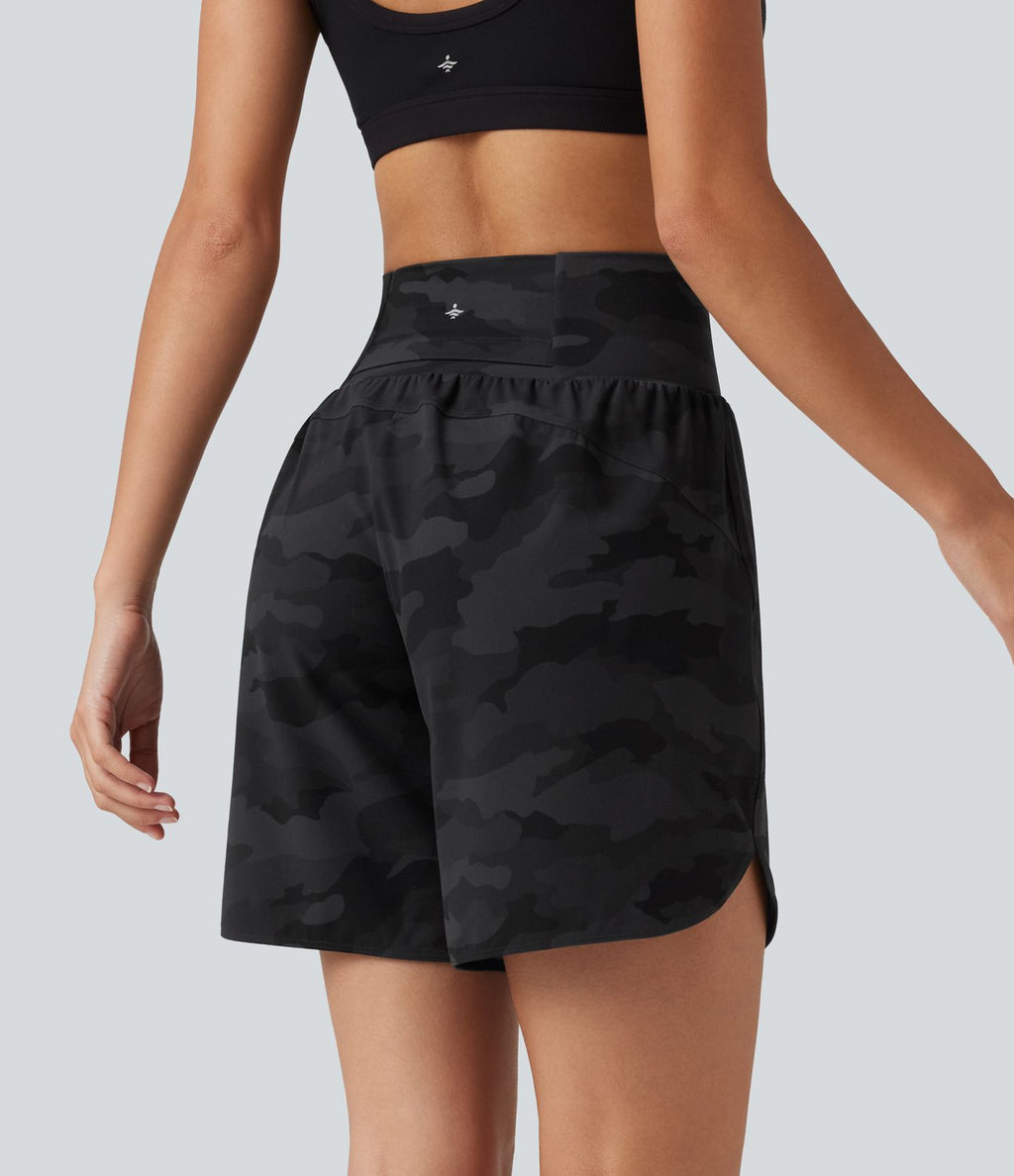 Short de running Halara UltraSculpt™ gainant taille haute imprimé camouflage avec ourlet arrondi et poche - 18 cm