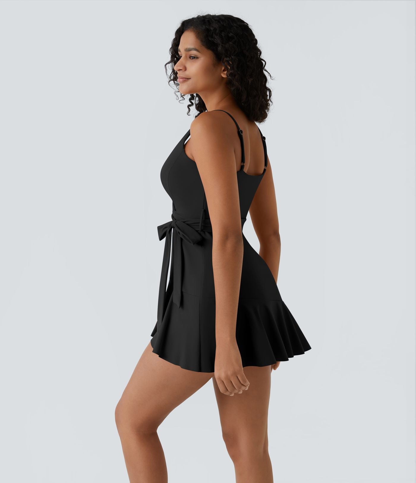 Robe décontractée mini 2-pièces col V liens latéraux volant fluide avec poche A-D
