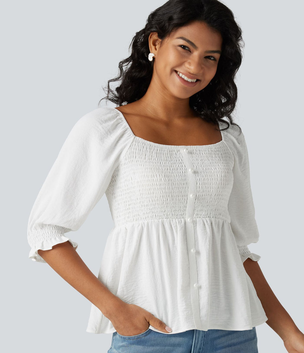Blouse casual babydoll col carré à manches bouffantes mi-longues et détails froncés
