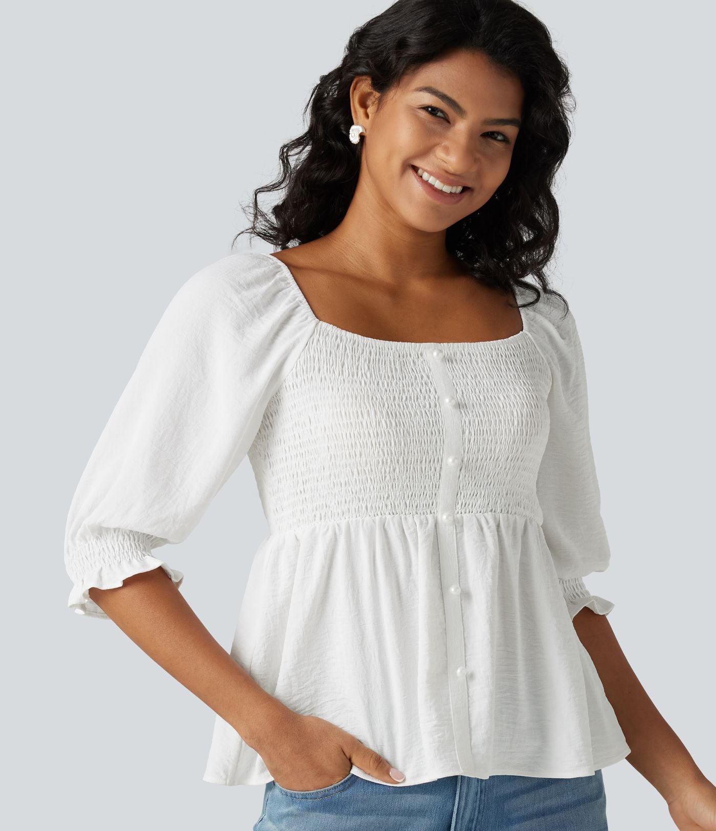 Blouse casual babydoll col carré à manches bouffantes mi-longues et détails froncés