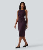 Robe casual mi-longue bodycon froncée col rond sans manches