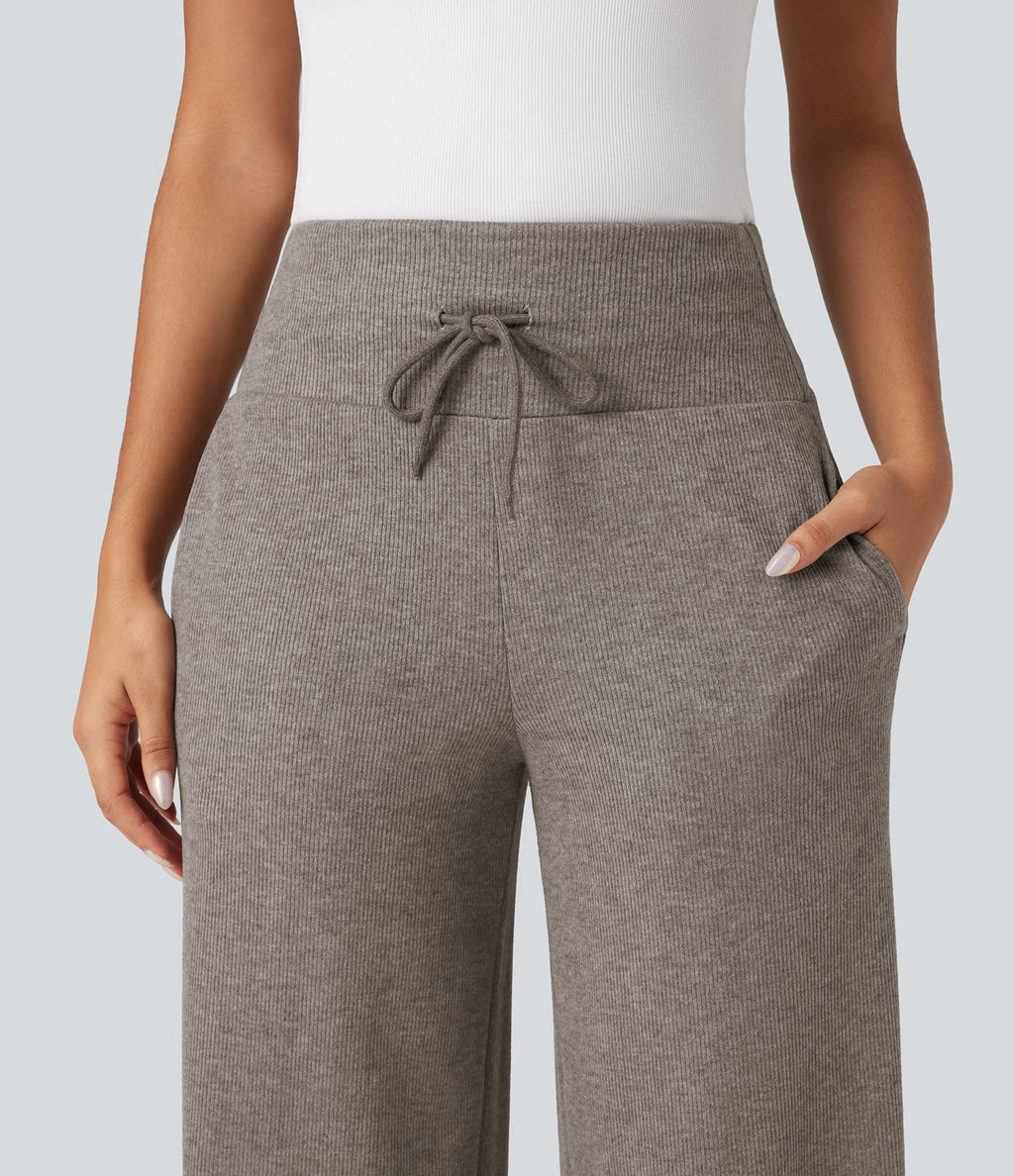 Pantalon jogging large décontracté côtelé gainant taille haute avec cordon de serrage et poches