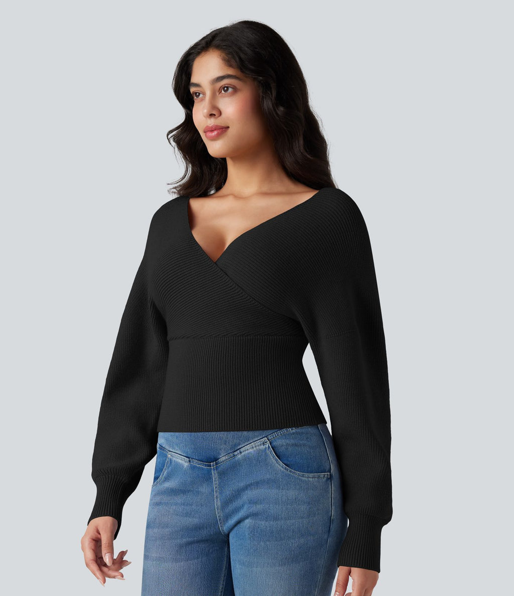 Pull col V manches chauve-souris longues à découpes