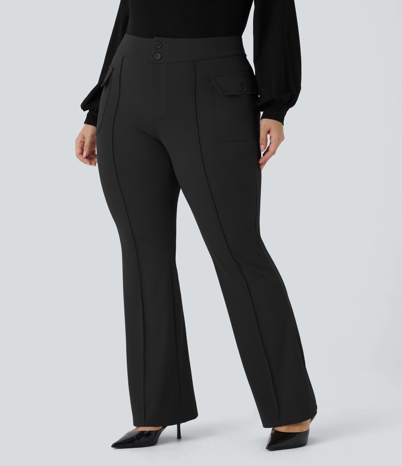 Pantalon cargo évasé taille haute grande taille avec poches à rabat latérales