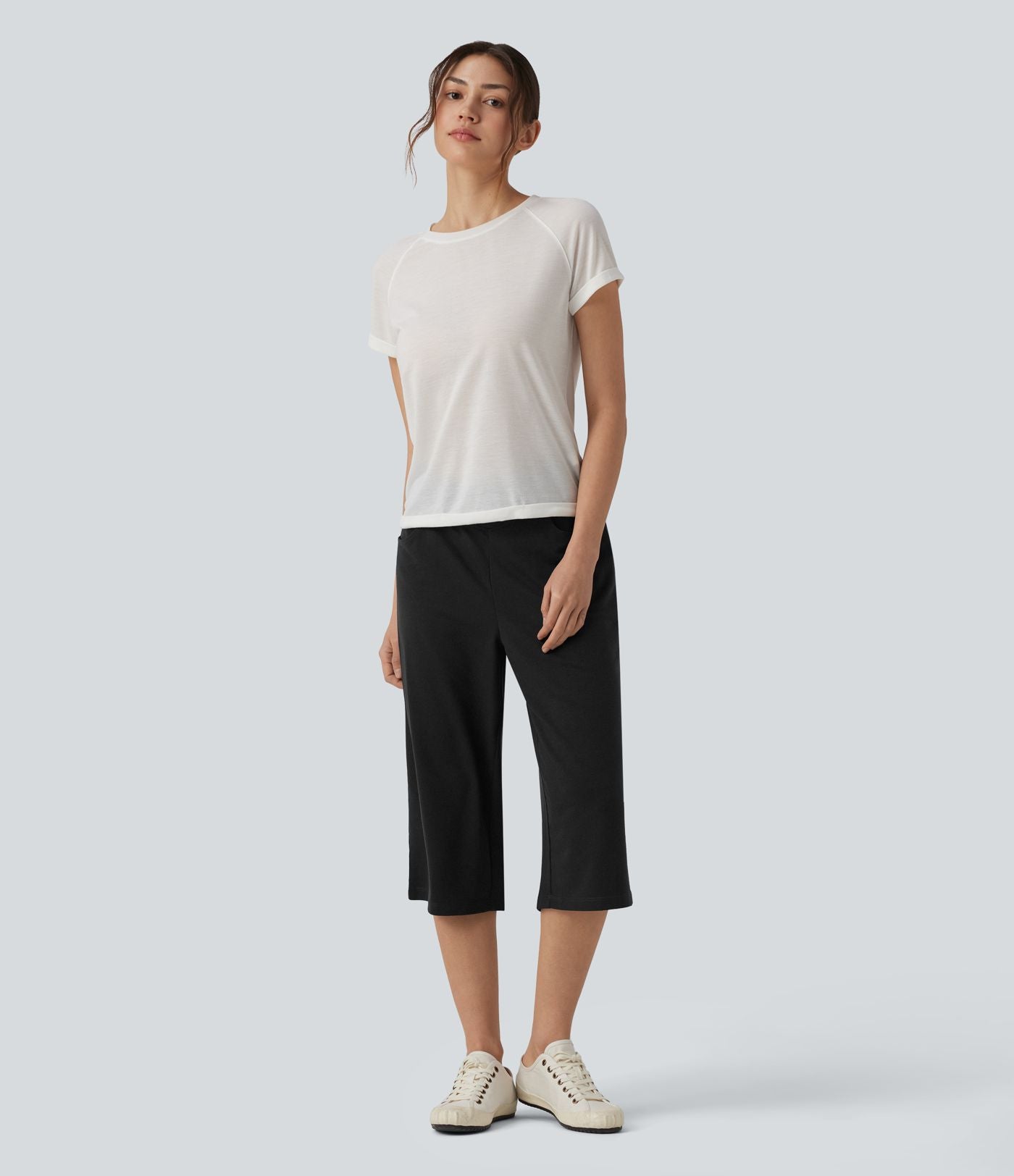 Pantalon casual capri large croisé taille mi-haute avec poches