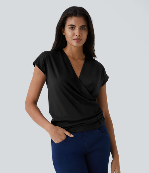 Blouse Travail Unie Froncée Croisée Manches Courtes Col en V