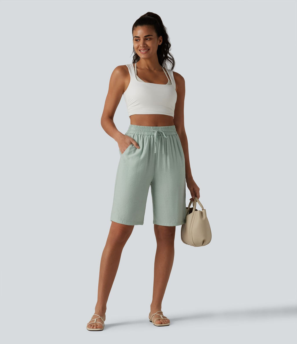 Short décontracté taille haute en lin mélangé avec cordon de serrage et poches, 25 cm