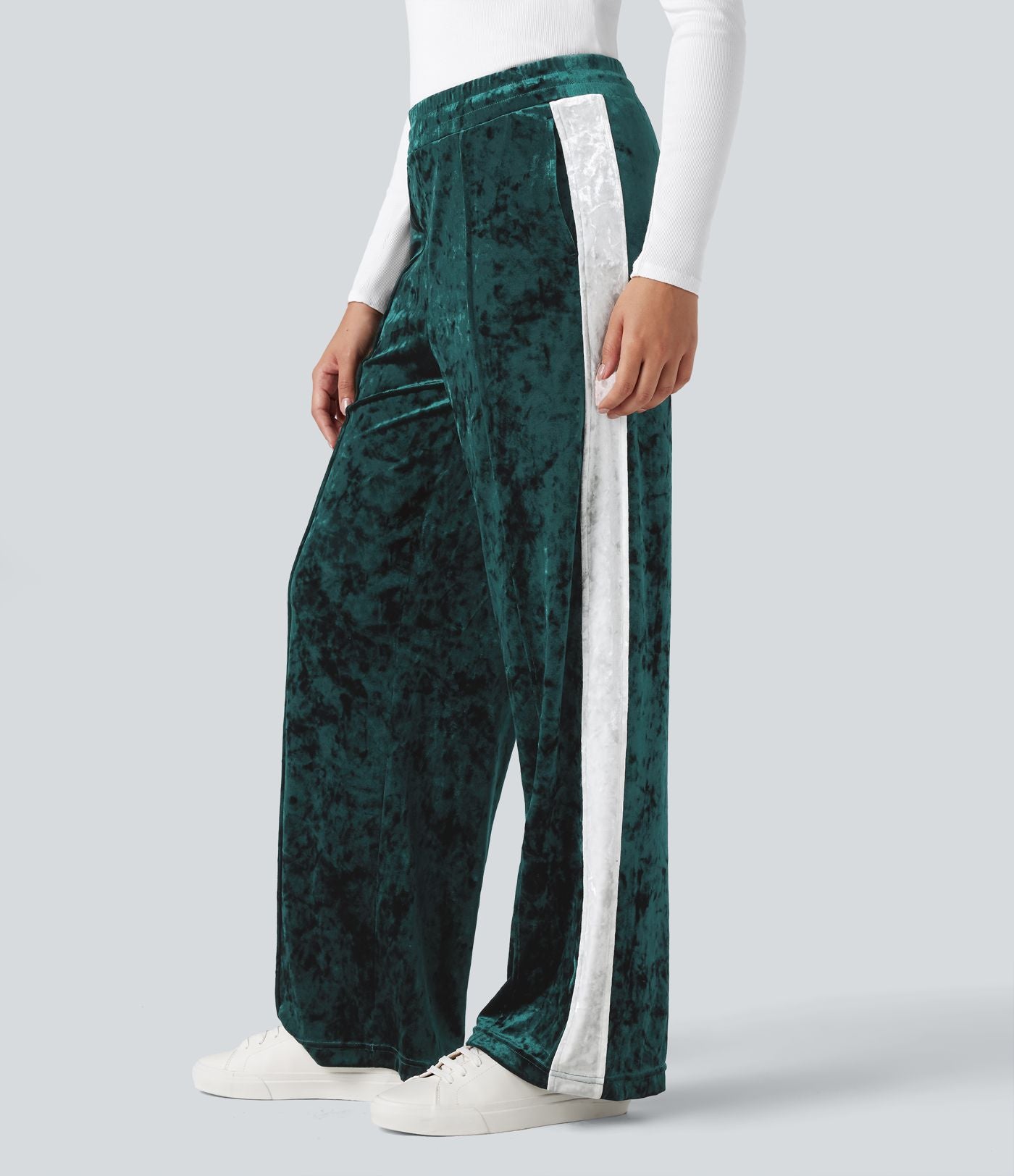 Pantalon velours coupe droite color block taille mi-haute avec cordon de serrage et poches