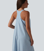 Robe midi resort fluide à carreaux vichy dos nu dos nageur coupe asymétrique avec soutien-gorge intégré et poches