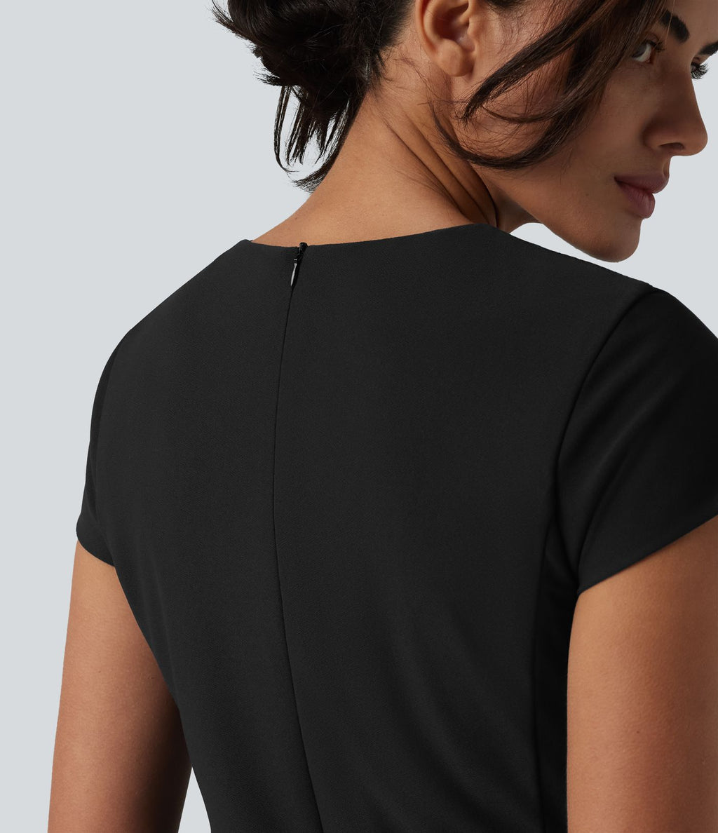 Robe de bureau mini moulante col rond manches courtes avec fermeture éclair invisible et poches