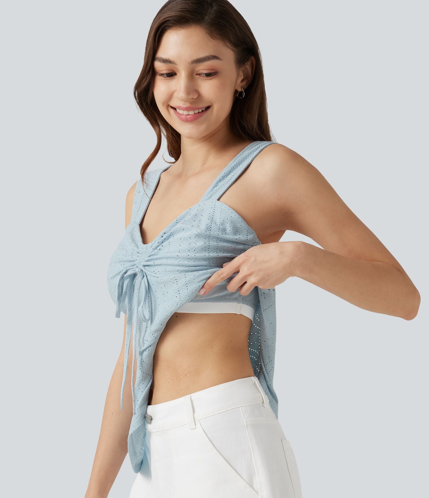 Débardeur décontracté froncé avec cordon de serrage, broderie anglaise et soutien-gorge intégré