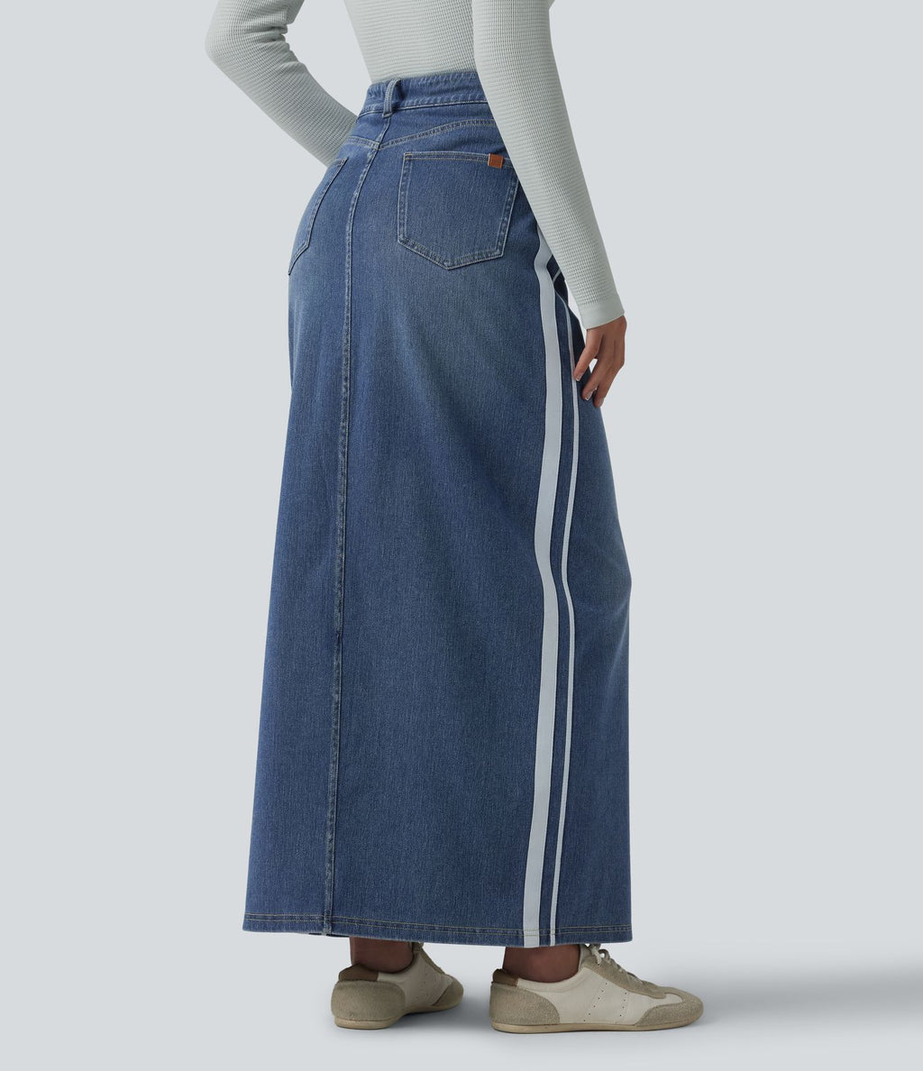 Jupe en jean longue décontractée délavée à rayures taille haute Halara Flex™ avec poches