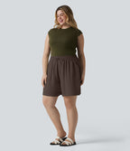 Short casual aspect lin grande taille taille haute avec cordon de serrage et poches