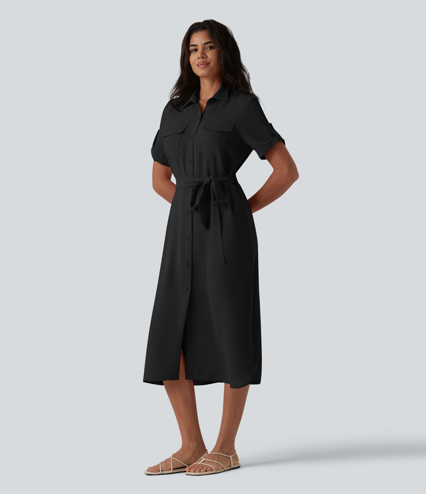 Robe-chemise midi casual à manches courtes aspect lin, ceinturée et avec poches