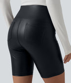 Short de cycliste casual en PU stretch gainant taille haute 17,5 cm avec poches