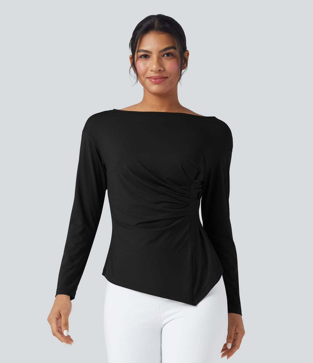 Blouse de travail ajustée col bateau manches longues froncée à ourlet asymétrique