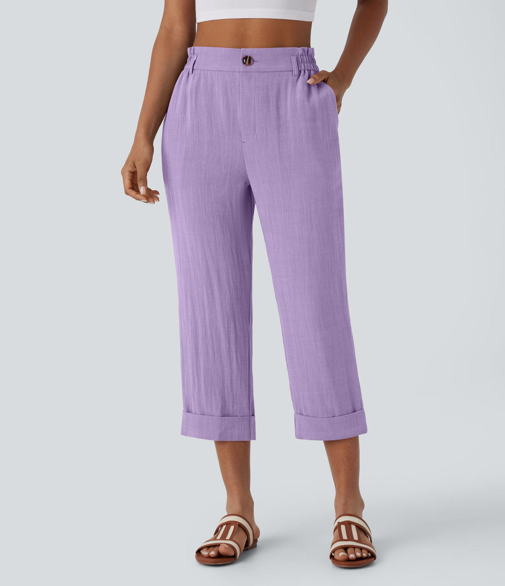 Pantalon capri effet lin taille haute avec poches zippées