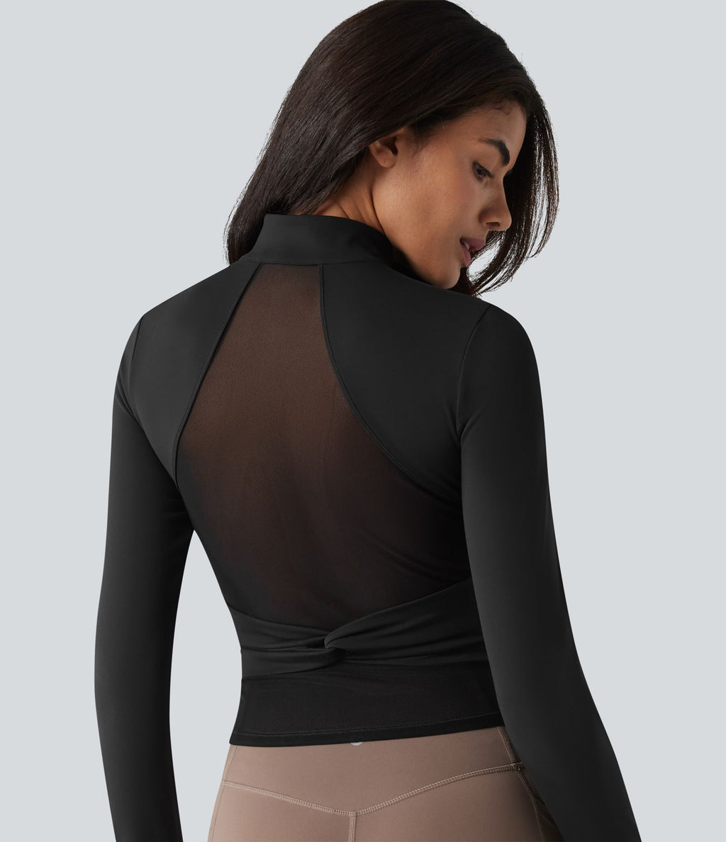 SoftlyZero™ Plush Veste de yoga col montant à manches longues avec trous pour les pouces, dos torsadé, empiècements en mesh respirant et poches