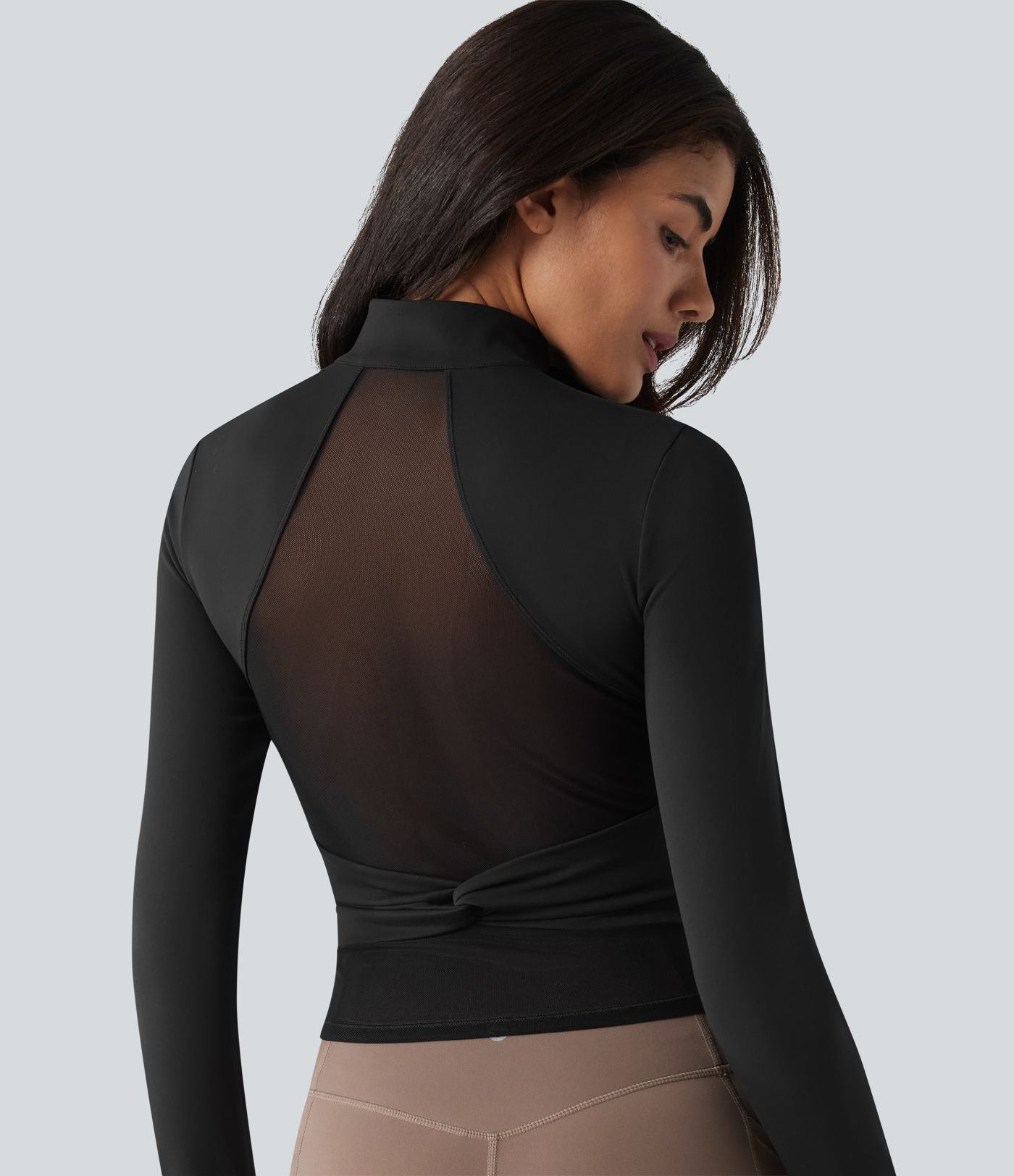 SoftlyZero™ Plush Veste de yoga col montant à manches longues avec trous pour les pouces, dos torsadé, empiècements en mesh respirant et poches