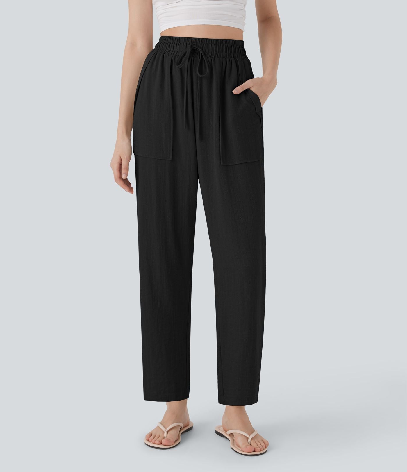 Pantalon décontracté taille haute avec cordon de serrage et poches