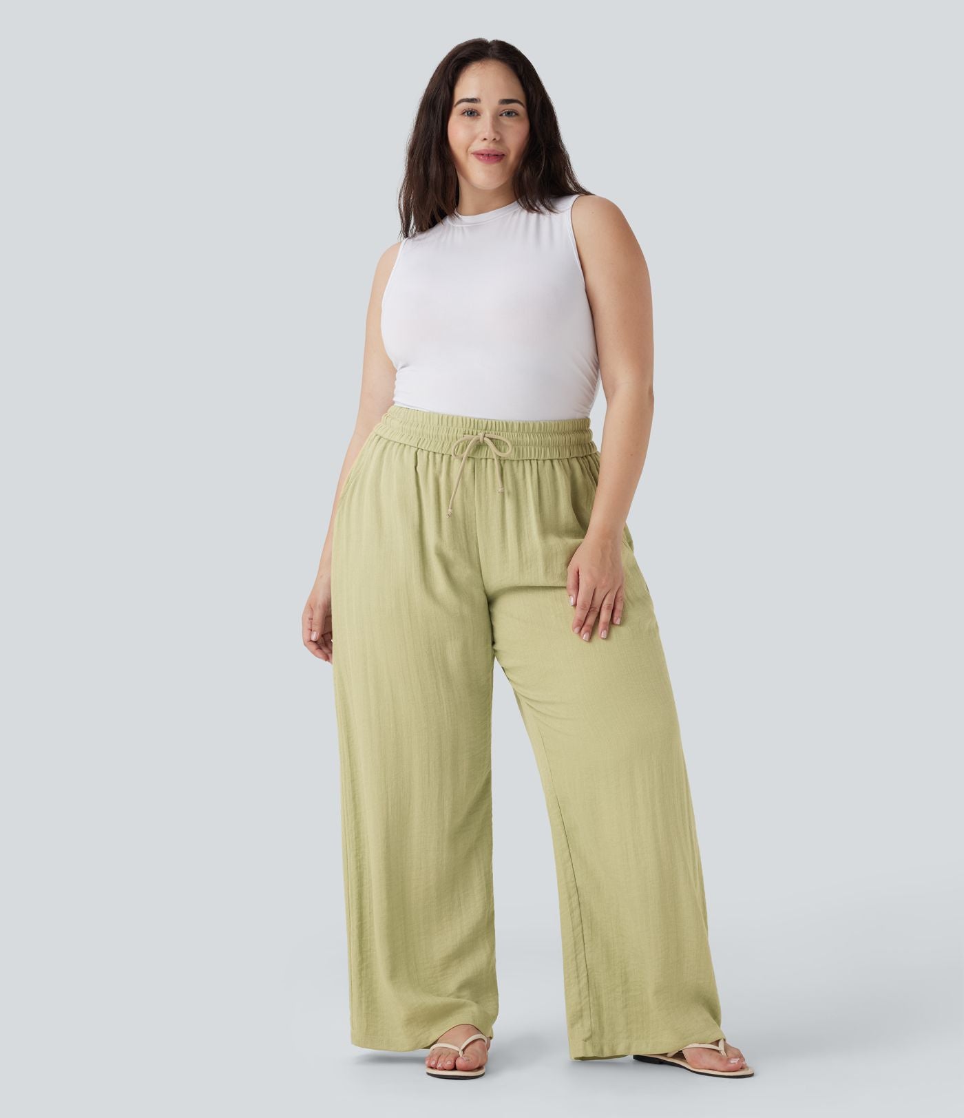 Pantalon décontracté grande taille large fluide taille haute effet lin avec cordon de serrage et poches