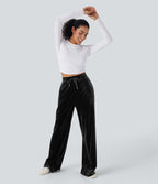 Pantalon décontracté large en velours, taille haute, avec cordon et poches