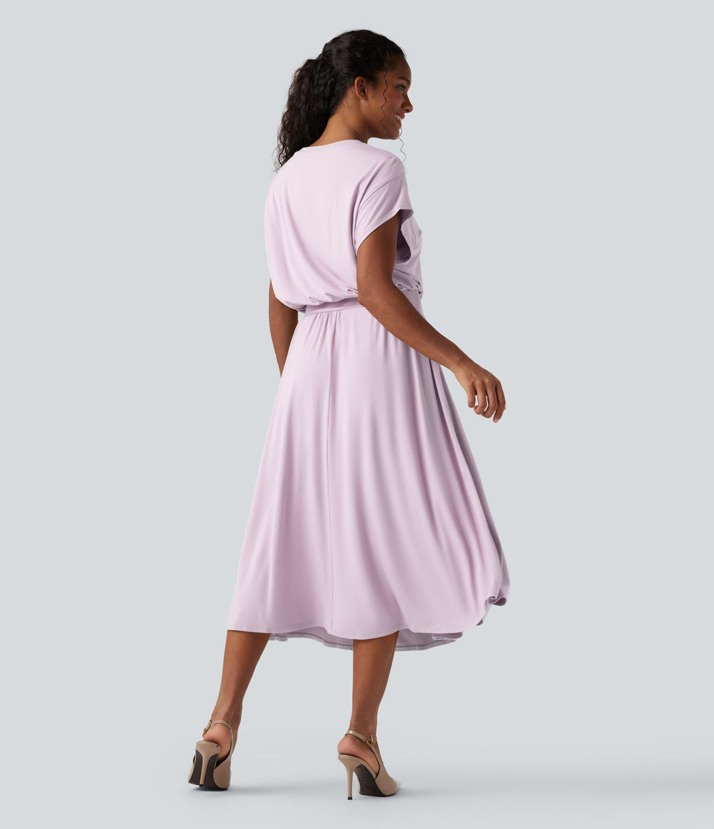 Robe de travail mi-longue fluide gainante à manches chauve-souris avec poches