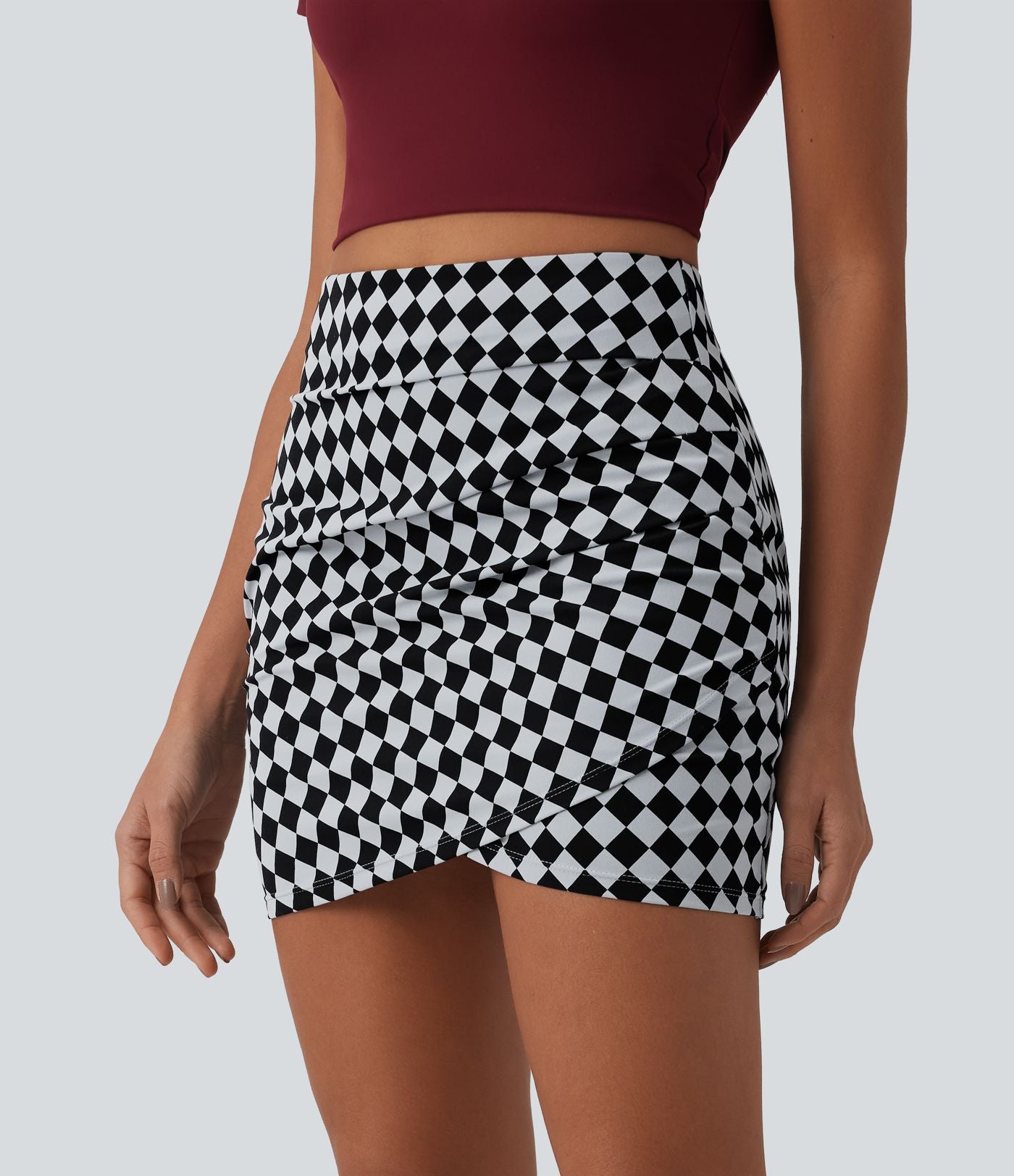 Jupe courte moulante casual 2-en-1 Halara UltraSculpt™ imprimé à carreaux taille haute avec ourlet croisé
