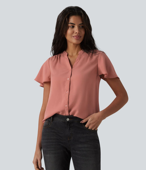 Blouse casual col V à manches volantées et ourlet arrondi
