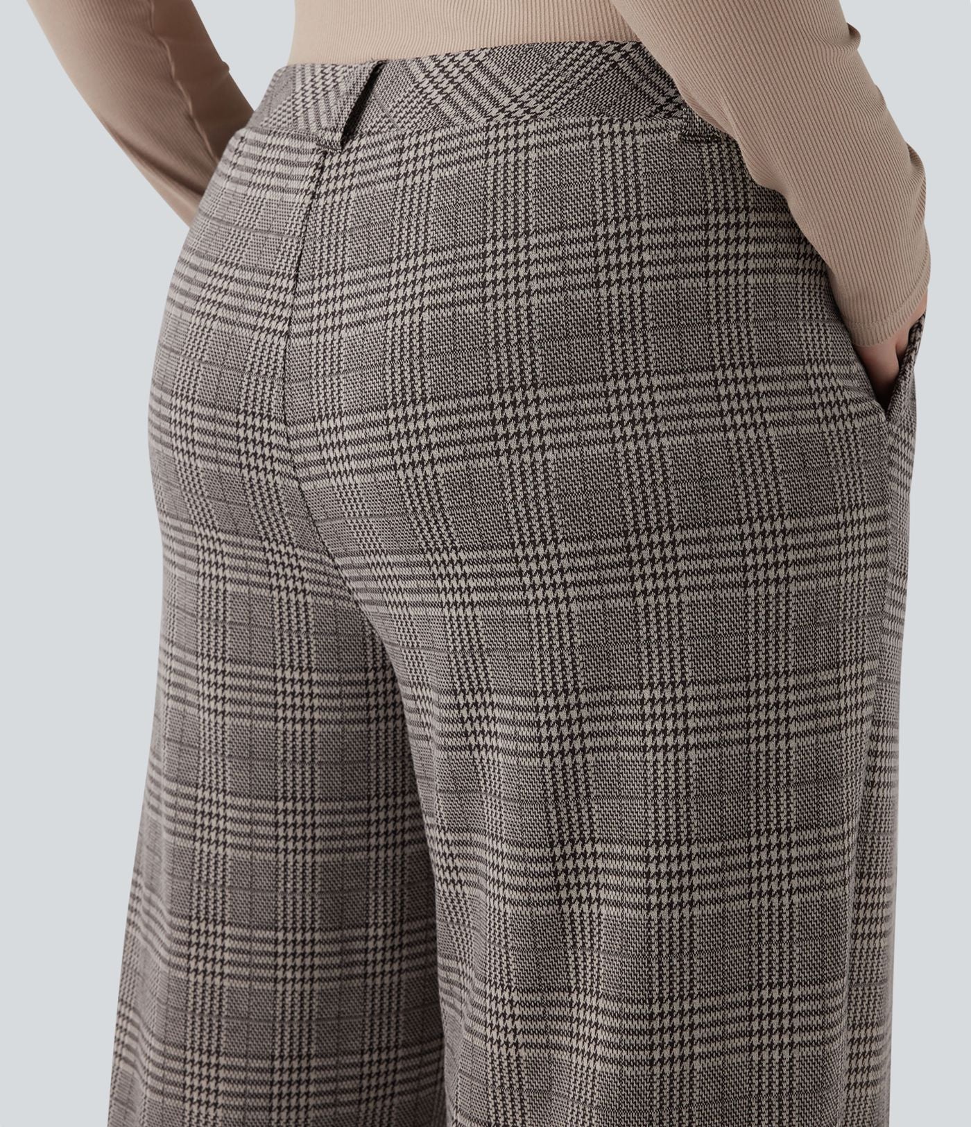 Pantalon décontracté grande taille large taille haute à carreaux pied-de-poule avec poches