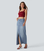 Halara Flex™ Jupe en Jean longue décontractée extensible délavé taille moyenne avec fente et multiples poches