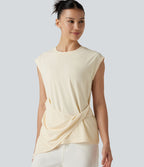Top casual col rond manches courtes ourlet asymétrique torsadé