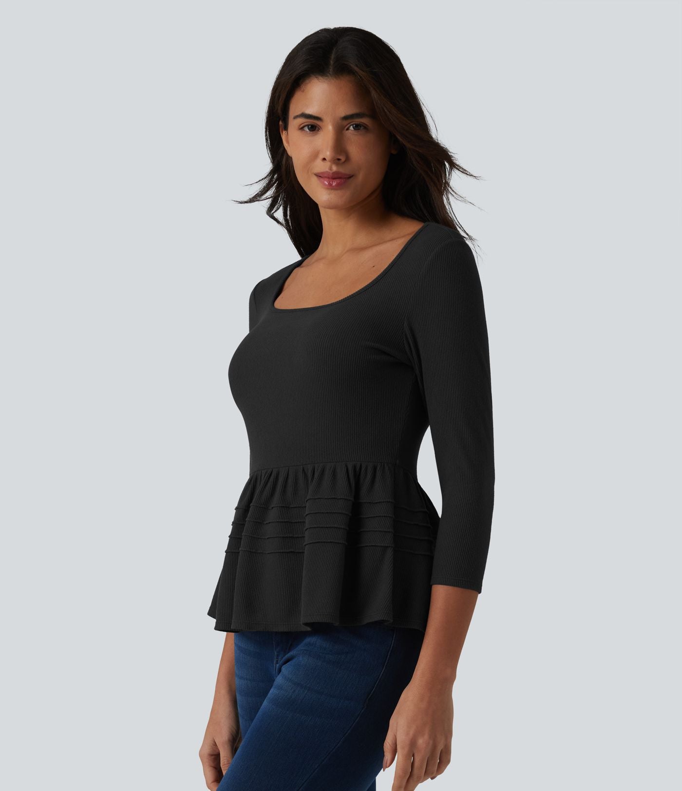 Haut babydoll décontracté en maille côtelée col en U manches 3/4