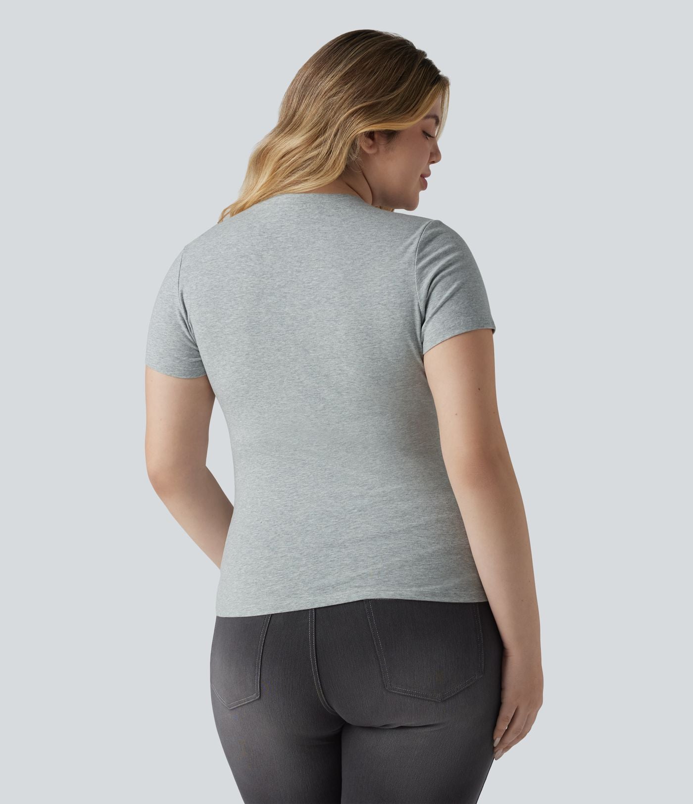 T-shirt Halara grande taille décontracté en jersey de coton, col Henley ultra-ajusté, manches courtes