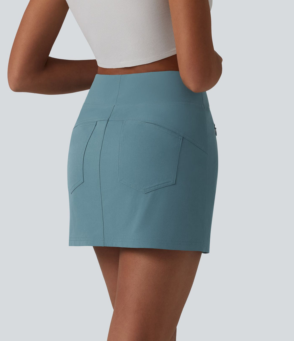 Jupe mini casual 2-en-1 trapèze taille haute en popeline extensible avec poches