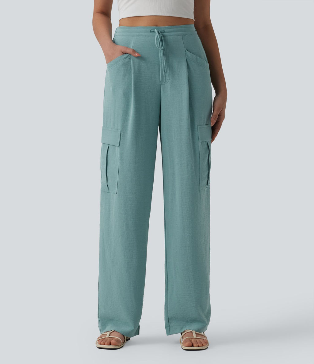 Pantalon cargo casual coupe droite taille mi-haute aspect lin à cordon de serrage avec poches