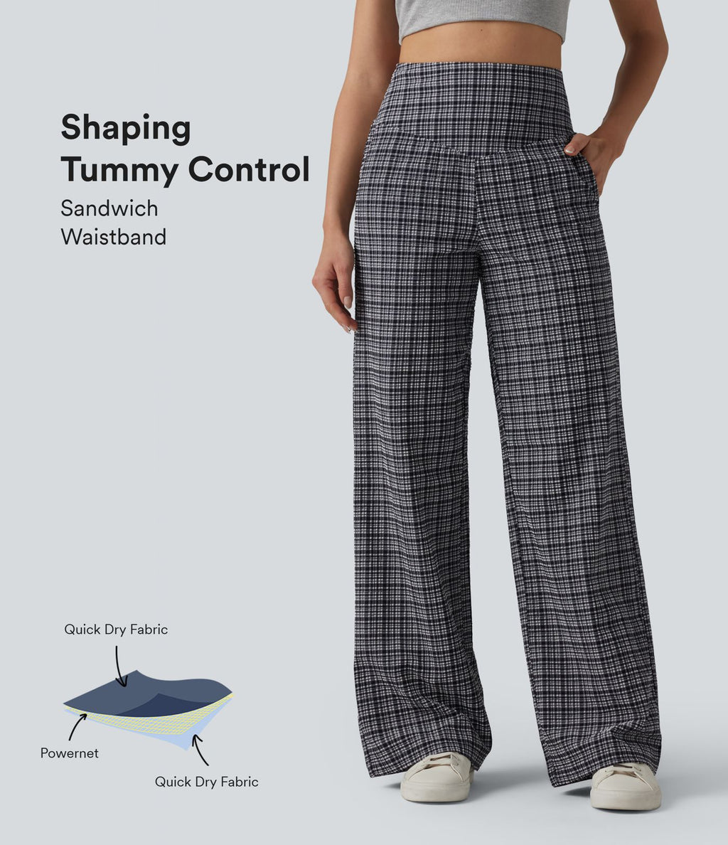 Pantalon large taille haute ventre plat à carreaux en tissu froissé séchage rapide avec poches