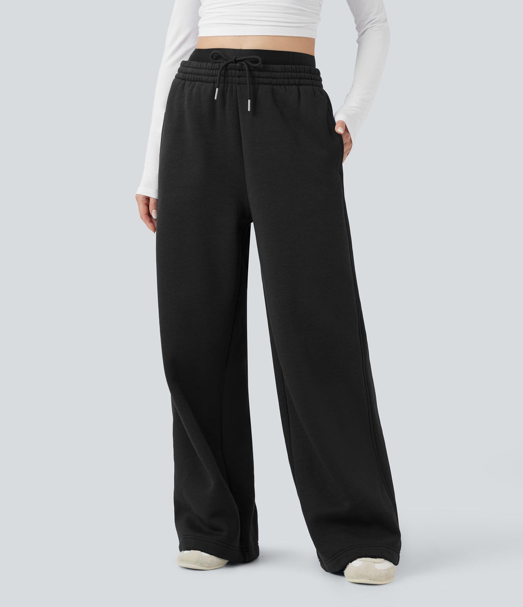 Pantalon jogging en coton molleton large taille haute avec cordon et poches