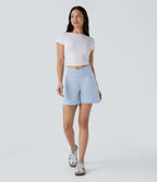 Halara Flex™ Short décontracté évasé à jambe large en denim extensible délavé taille haute croisée avec poches multiples