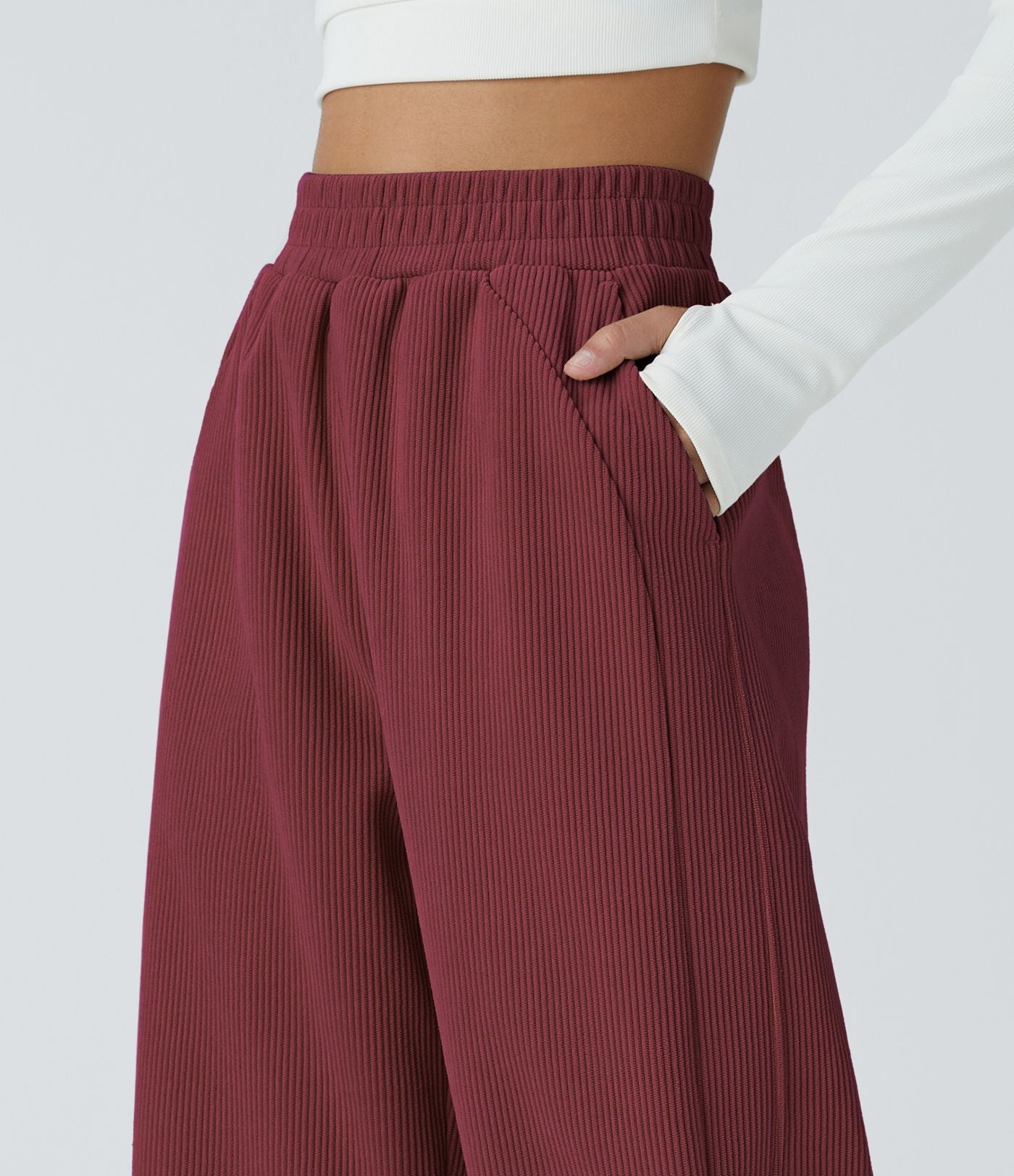 Pantalon velours côtelé de jogging décontracté à taille haute avec poches latérales